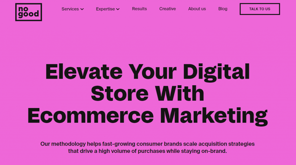 A screenshot from the NoGood eCommerce marketing agency website.