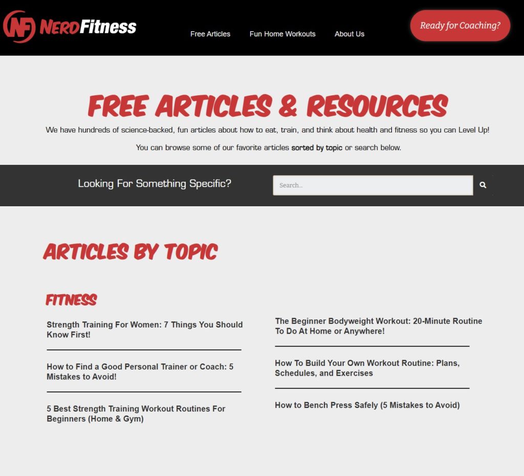 An image depicting the blogs from the Nerd Fitness Free Articles page.