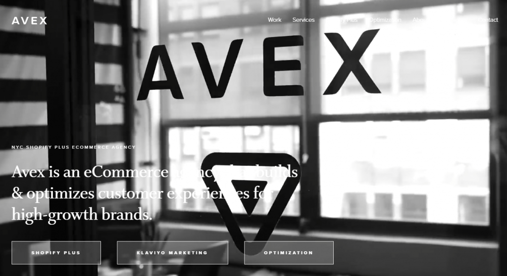 A screenshot from the Avex Designs eCommerce marketing agency website's home page.