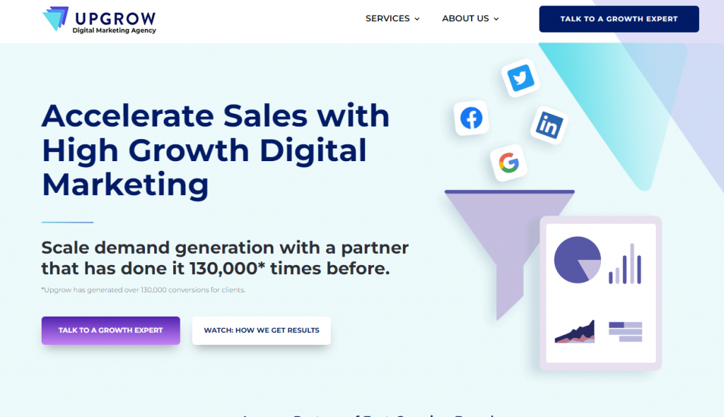 A screenshot from the UpGrow eCommerce marketing agency website's home page.