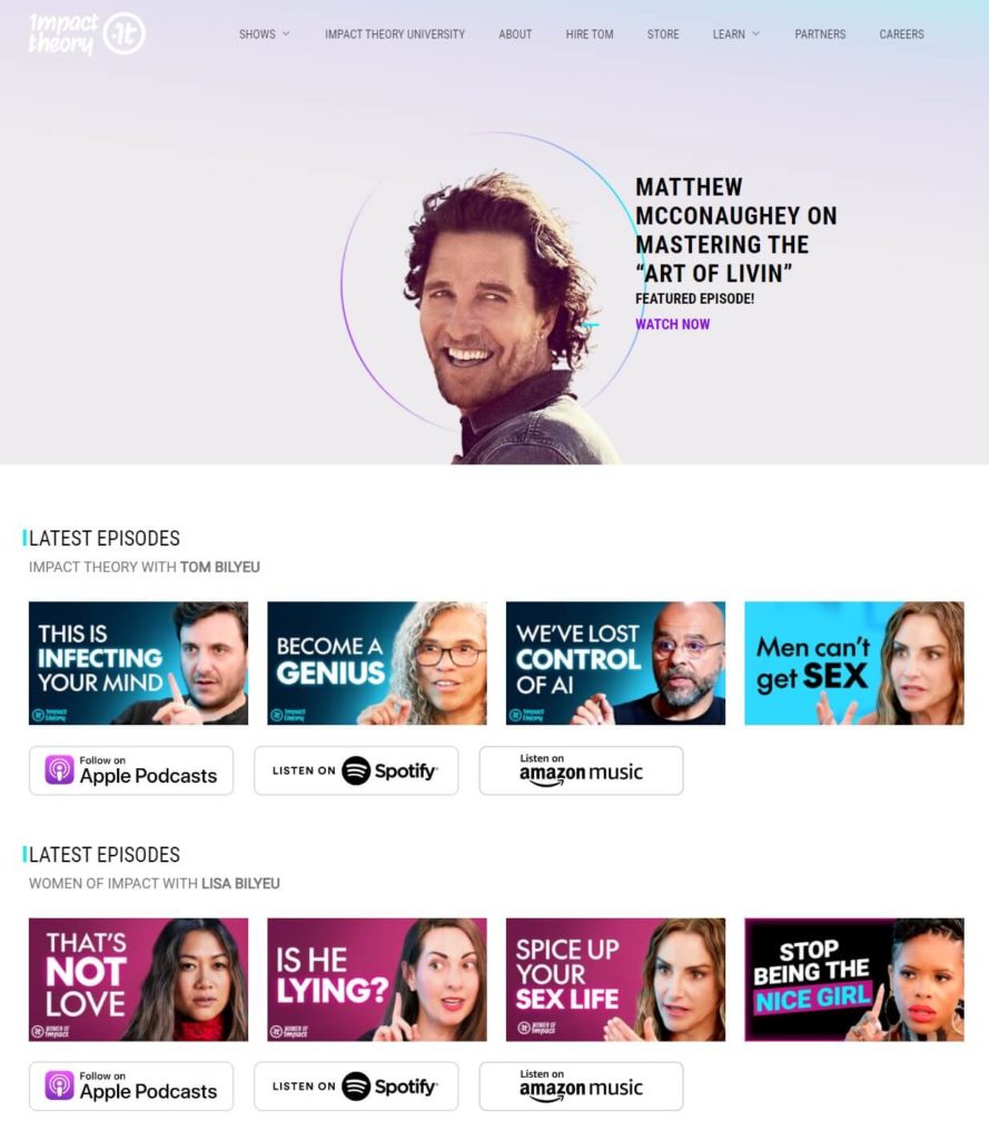 An image showing the Impact Theory's home page.