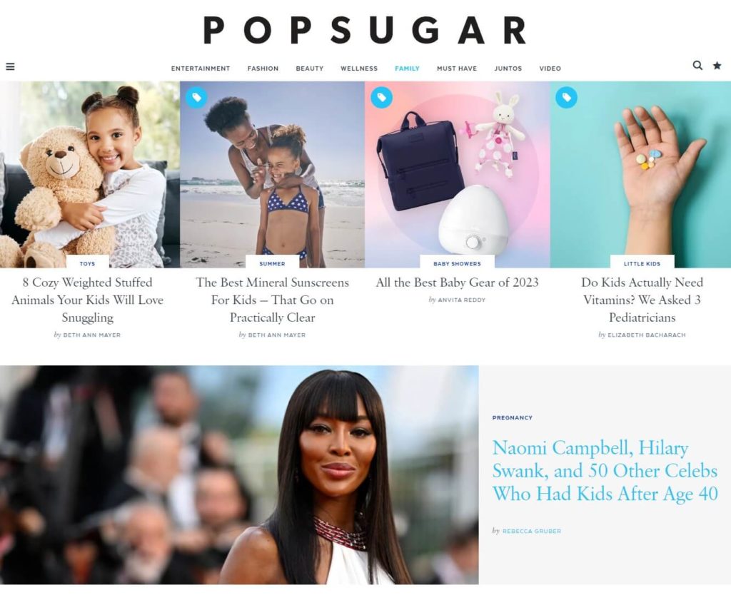 An image showing the family page from the POPSUGAR Moms Official website.