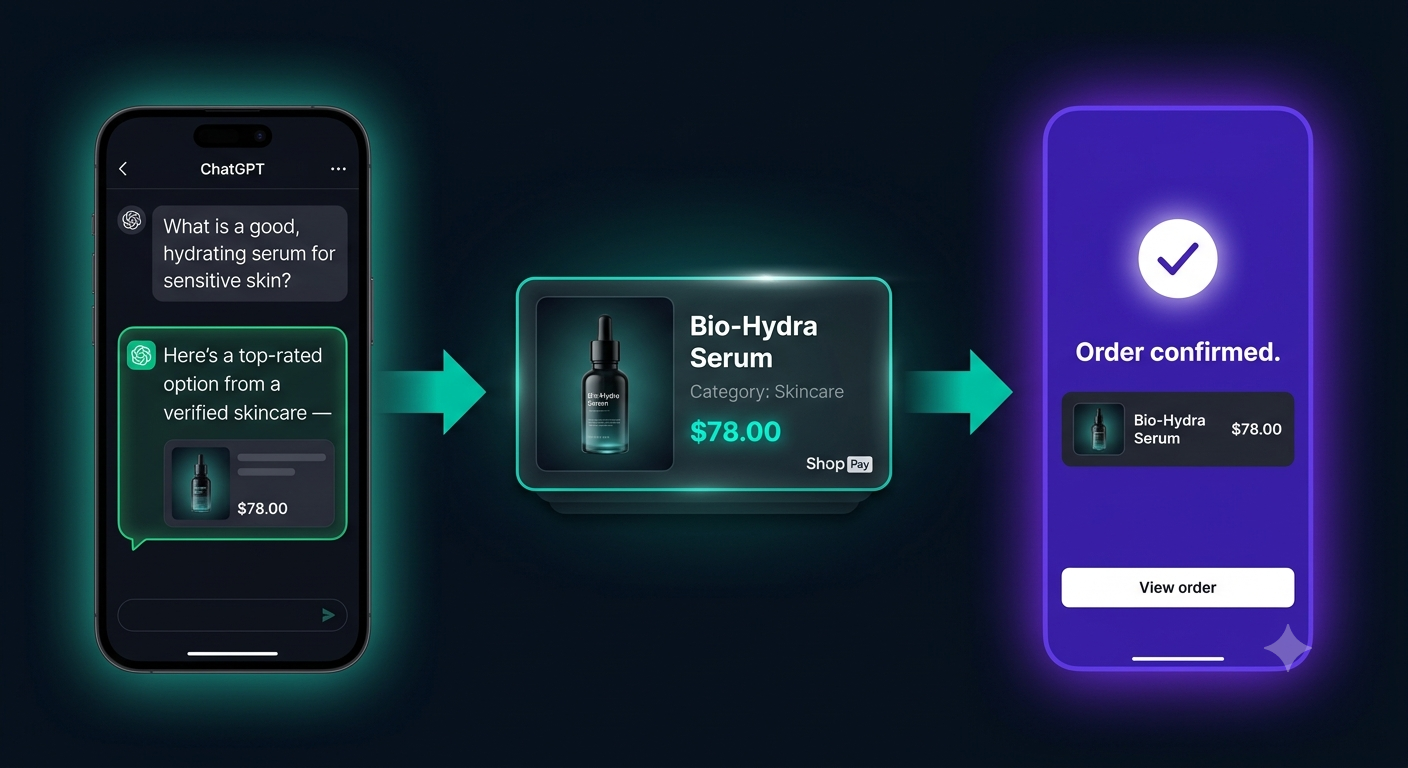 Shopify AI commerce flow — from AI chat discovery to Shop Pay checkout completion inside ChatGPT