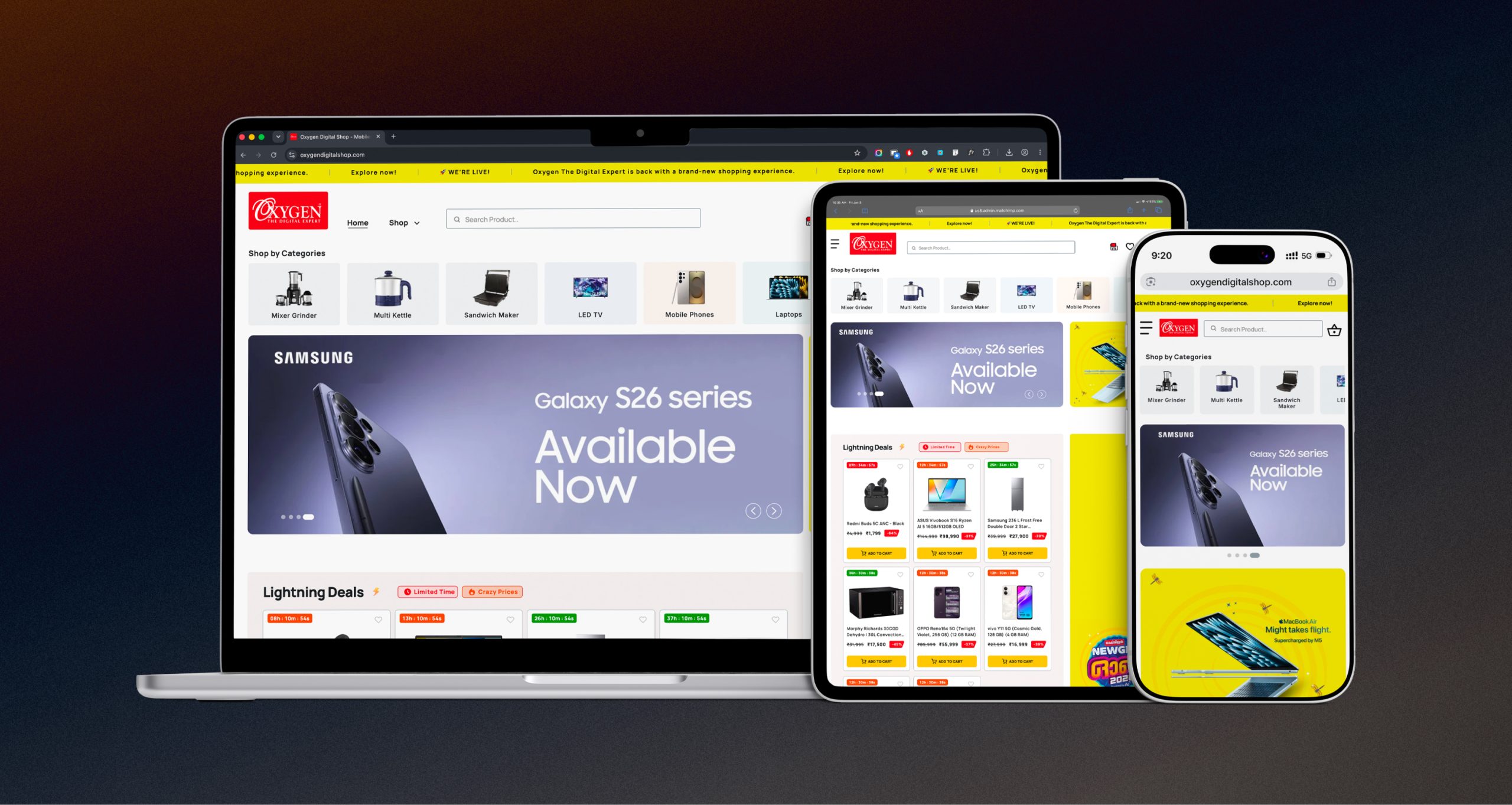 Oxygen website shown on laptop, tablet, and phone screens